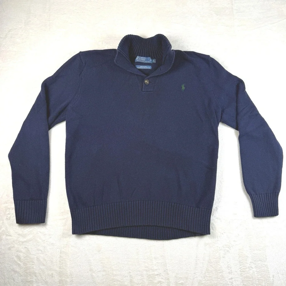 Vintage‎ Polo By Ralph Lauren Collared Knit Henley Sweater Navy Blue Men's Large